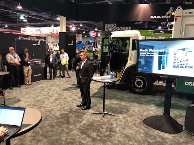 MackTrucks's tweet photo. "The relationship between #MackTrucks and @NYCSanitation goes back for decades, and we couldnโt think of a better customer to put this fully electric LR demonstrator through its paces." Martin Weissburg, President of Mack Trucks on the #ElectricLR at #WasteExpo https://t.co/FchuKcX9XK