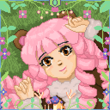 SquareBearART's tweet photo. My entry for the latest #framedpixels. The theme this time is #Paradise

This took waaay longer than I expected! I wanted to finally do a cute portrait of my almost named character (Candyfloss? FairyFloss? Can't decide!)

Frame created by @beckyOwlmusic 

#pixelart https://t.co/mqwWer3DIx