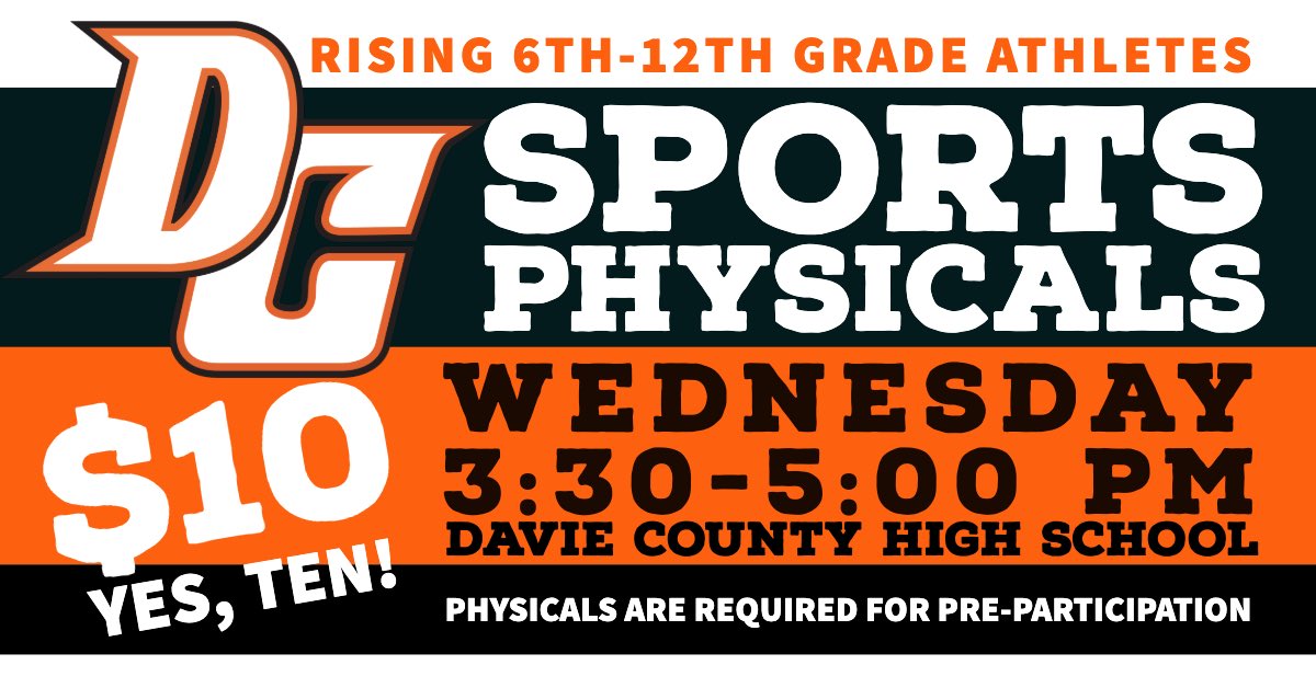 DavieCountySch's tweet photo. Physicals are offered tomorrow, May 8 for all DC athletes planning to try-out for the 2019-2020 school year. https://t.co/u78nssPXi0 #daviecountyhs #davieathletics https://t.co/w2AeDD8g61
