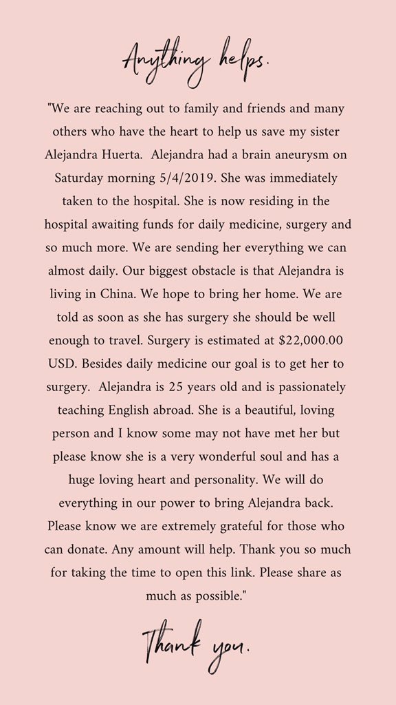 UNT_KDChi's tweet photo. ‼️ Please share and help our sister, Ale!💓 Alejandra is currently hospitalized in China, where she is an English teacher. Her family is in serious need of donations. Anything helps! Link to donate: https://t.co/QJlCVi0gc2 ‼️ https://t.co/YIftqrNtkB