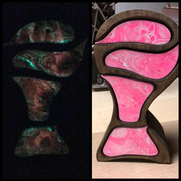 MadeByRP's tweet photo. As the first coat of finish is drying on the pink box, I wanted to post a few more photos of the jewelry boxes and how they glow in the dark. #woodworking #makerscentral #makersgonnamake #makers https://t.co/DbGk7WZ8Ku