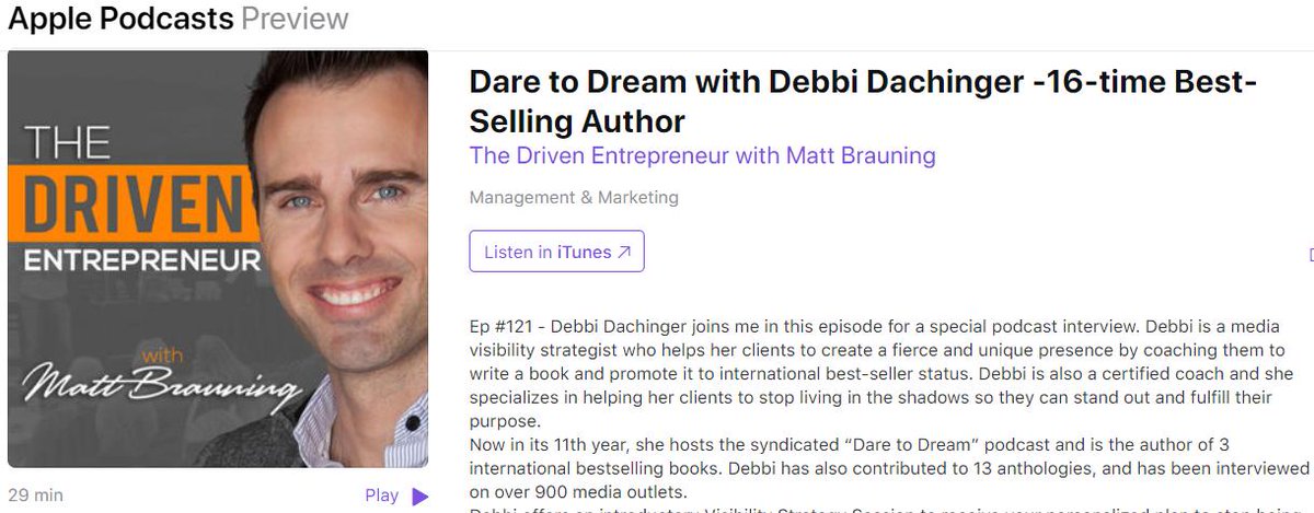 DebbiDachinger's tweet photo. The amazing @MattBrauning and his "The Driven Entrepreneur" podcast do it again! Such a GREAT interview - @DebbiDachinger totally enjoyed the unwrapping of her story that created a Visibility Visionary. ENJOY! It's short and sweet:  https://t.co/5aWdfZCWNw #podcast #books #nlp https://t.co/hDtj3HYzmD