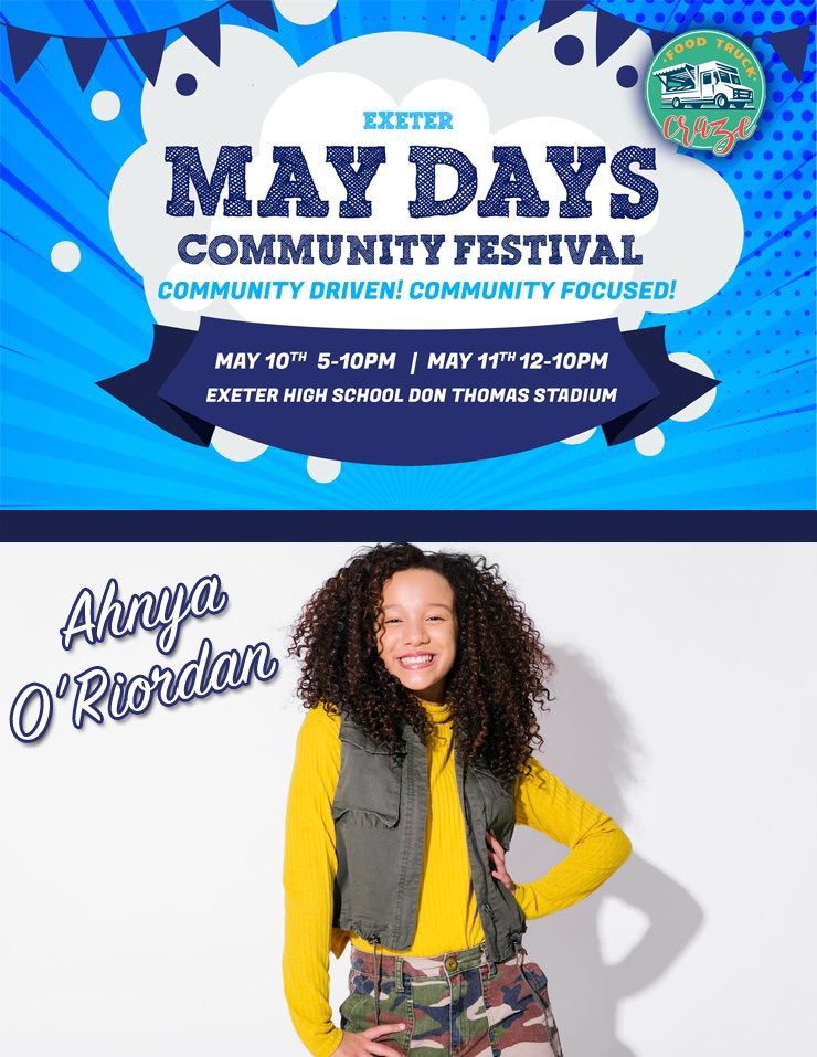 exetermaydays's tweet photo. JUST ANNOUNCED! Singer, Songwriter, and KIDZ BOP Alumni Ahnya O'Riordan will be performing at May Days this Saturday between 5pm and 5:30pm. Also, ten lucky fans will receive an autographed copy of her KIDZ BOP CD album! 🎤🎵🎪 https://t.co/r2OXsXhYhL