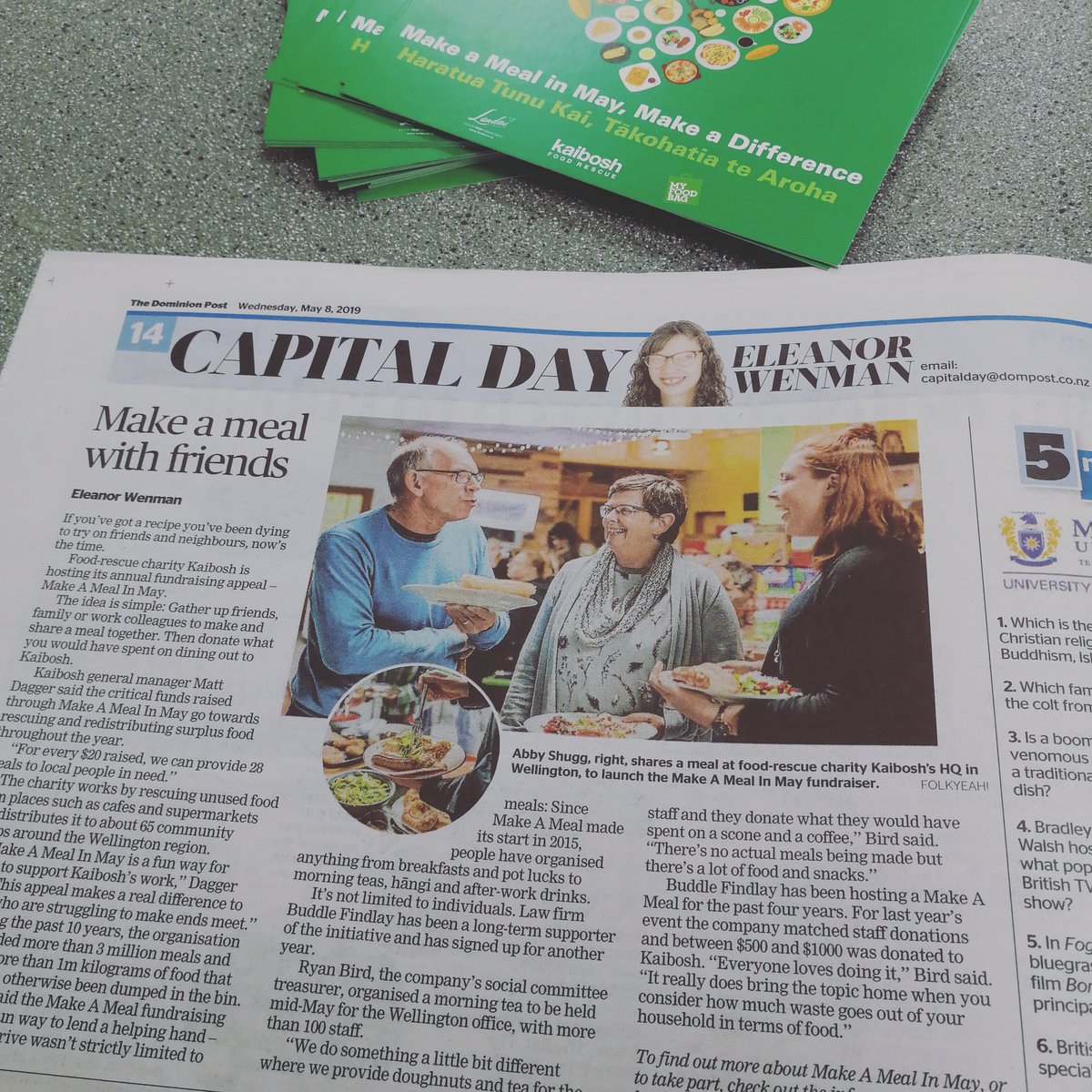 Kaibosh_NZ's tweet photo. Woohoo! Kaibosh is in the Capital Day today. Grab a copy of the @DomPost and learn more about #makeamealinmay on page 14!
https://t.co/u2BsYFYSUq https://t.co/YbW4dOlI44
