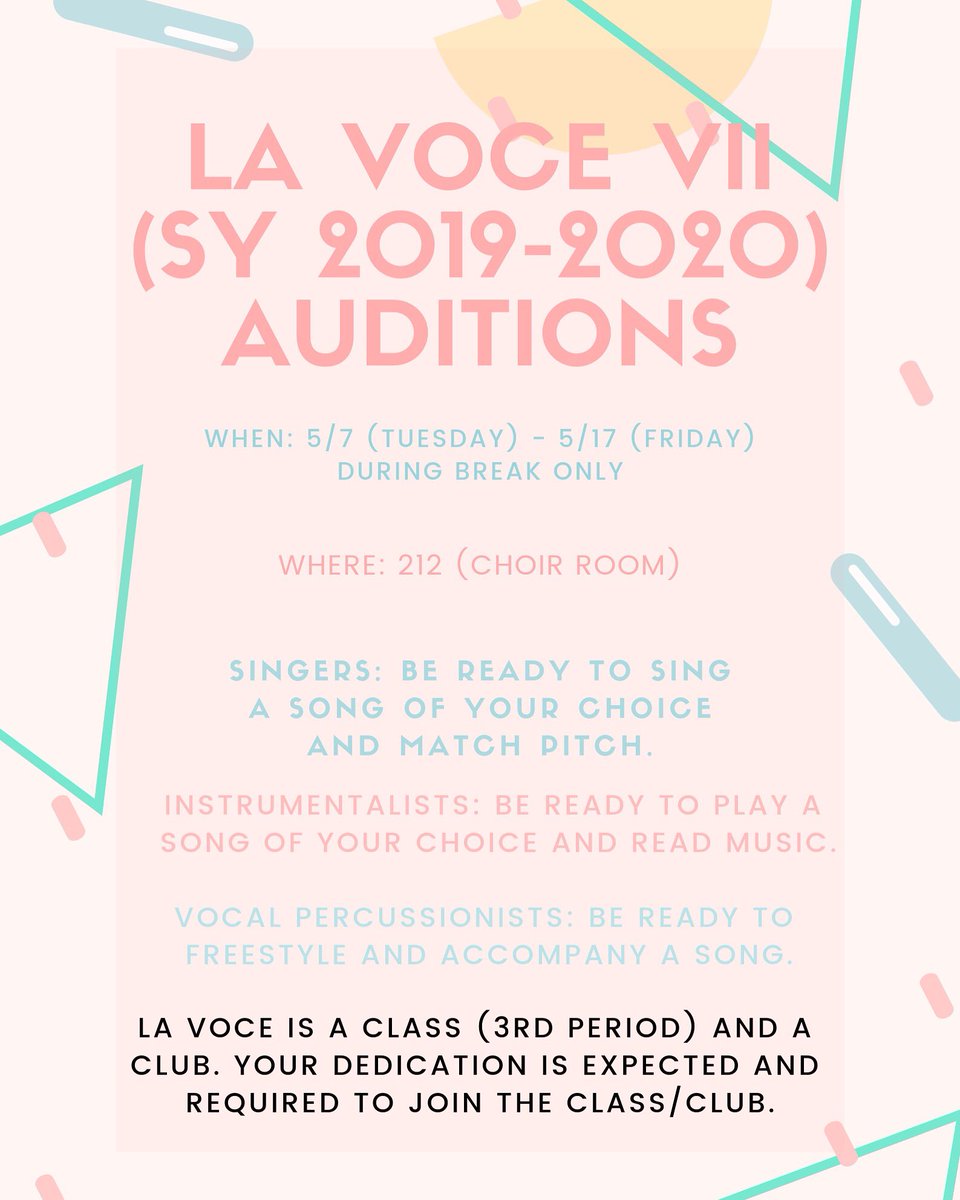 Love to sing your heart out? // Come by the Choir Room and audition for La Voce VII (SY 2019-2020)! We only require you to sing or play a song of your choice and match pitch. If you have any questions feel free to dm us. We hope to see you at auditions! ✨