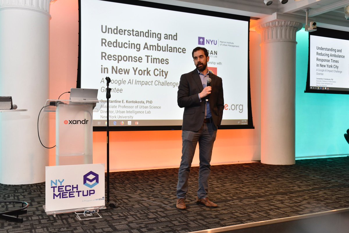 NYTechAlliance's tweet image. .@NYUMarron onstage now at #NYTM discussing their @Google #AIImpactChallenge grantee with @FDNY. Project helps optimize response time accounting for weather, traffic &amp;amp; location. Photo by @qoolfoto