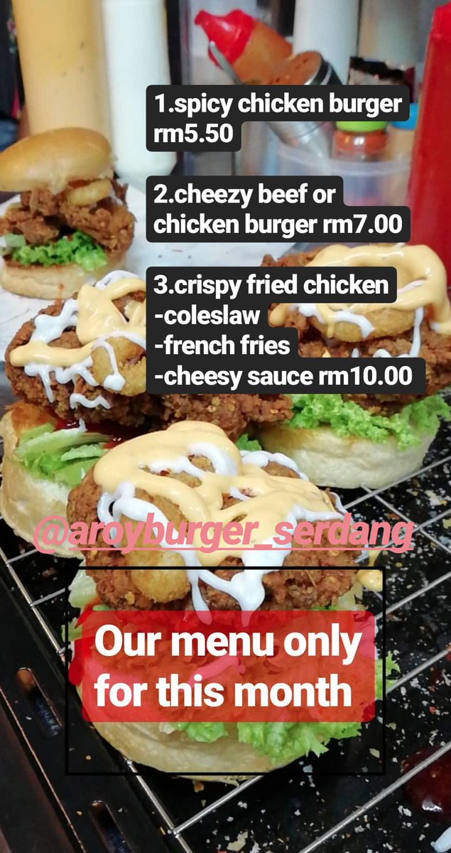 kecewahati0's tweet photo. Hi, aroy burger beraksi di flat ikan upm. Jom reramai serbu aroy burger sepanjang bulan ramadhan ni. Boleh follow ig @aroyburger_serdang https://t.co/m9T0Ul7wuN