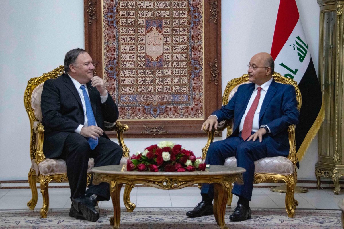 SecPompeo's tweet photo. Visited Iraq & met with PM @AdilAbdAlMahdi & Pres. @BarhamSalih to reinforce our friendship & to underline the need for Iraq to protect diplomatic facilities & Coalition personnel. U.S. & @Coalition troops are helping the Iraqi Security Forces ensure that ISIS remains defeated. https://t.co/XTkY4APOpz