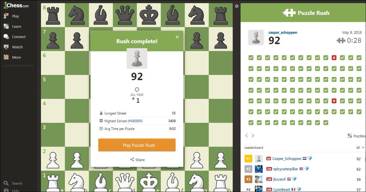 puzzlerushchess's tweet image. Current #PuzzleRush World Record is 92 for IM Casper Schoppen. He has broken the world record now every few minutes for the last hour. I'm going to bed.... #WhatsTheRush 😆😂😏💯🔥🧩