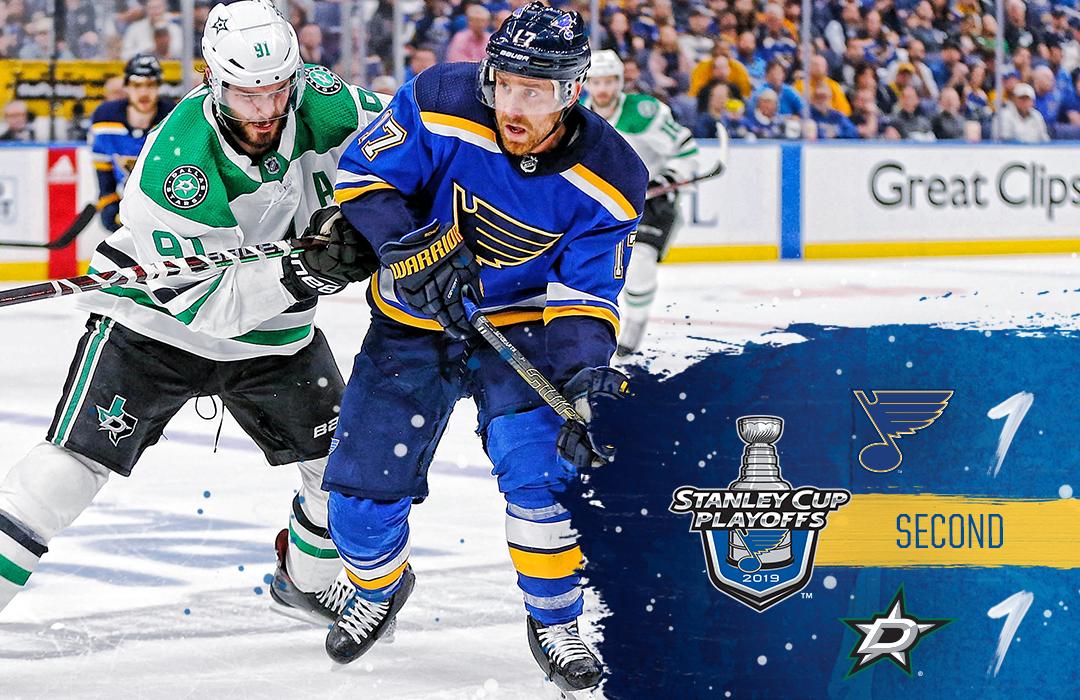 StLouisBlues's tweet photo. The boys are buzzin' and outshooting the Stars 28-14, but we're tied after 2. Third period coming your way shortly. #stlblues https://t.co/PmZK87mXFC