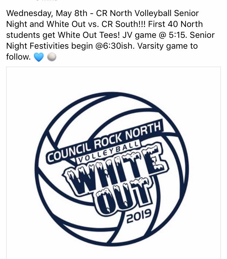 crnorthvball's tweet photo. Come out and support our Seniors! Last match of the regular season! https://t.co/UYOkDwtaFI