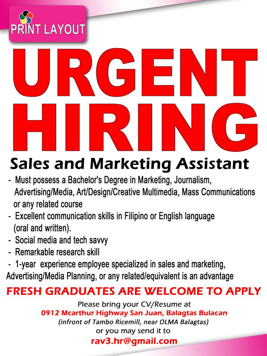 PrintLayout's tweet image. URGENT HIRING!!!

Inviting interested walk-in applicants
from 10:00am - 12:00nn and 1:00pm - 3:00pm for exam and interview .

#PrintLayout #NorthWestShutters #Hiring #Bulacan #UrgentHiring