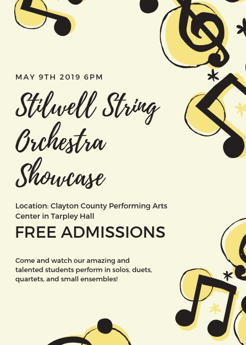 Dear Twitter, 

You're cordially invited to our spring orchestra showcase this Thursday, May 9th at 6:00 pm in Tarpley Hall (PAC) with no admission. You'll be inspired by over 26 spectacular solos, duets, quartets, and small ensembles! 🙌🏻 #Orchestra