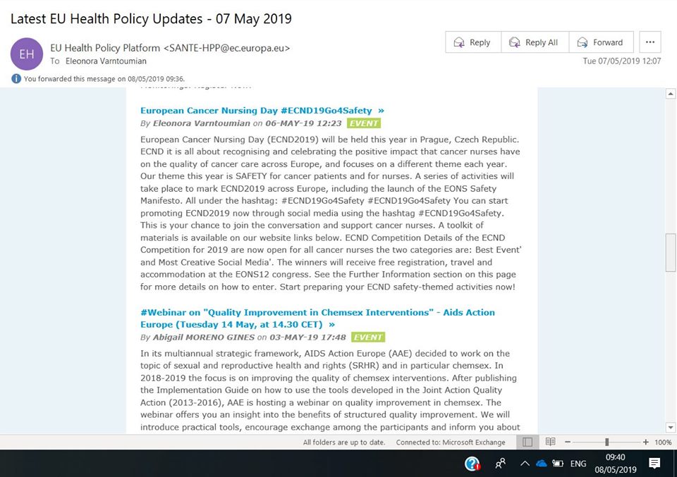 eleonoravard's tweet photo. European Cancer Nursing Day 2019 #ECND19Go4Safety is already shared at #EUHealthPolicyPlatform Newsletter!

Let's make this the biggest #Campaign on #Occupational and #Patient #Safety across #Europe.

Stay tuned for the launch of #EONSGo4SafetyManifesto on May 18! https://t.co/dvSrKc6x76