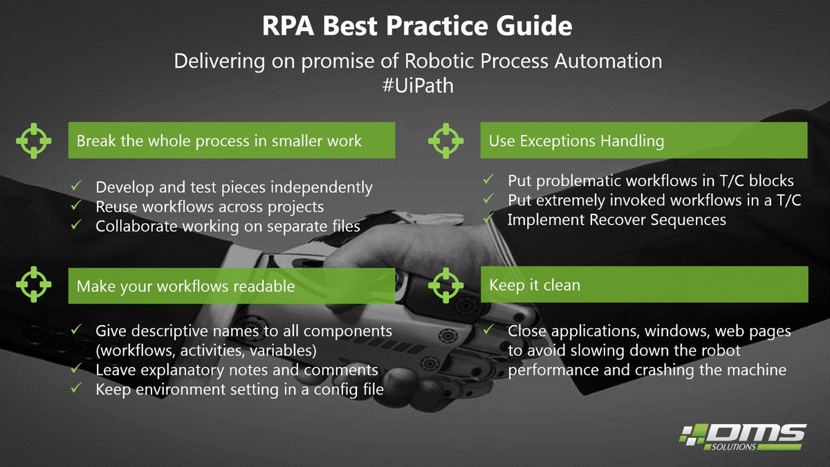 DMS_Solutions's tweet photo. Delivering on promise of #RoboticProcessAutomation (@UiPath) In order to achieve the greatest success in #RPA deployment by bringing greater maintainability and unification across RPA Projects it is very important to consider the following recommendations #BestPracticeGuide #IPA https://t.co/ZJQpWcV1se
