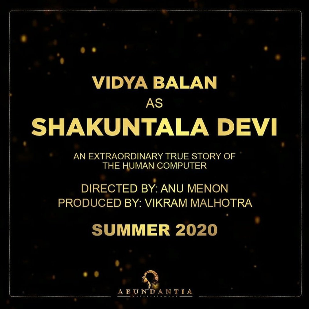 @vidya_balan to play human computer #ShakuntalaDevi in her next film, directed by #AnuMenon .. produced by Vikram Malhotra... Set for a summer 2020 release.

@ChanaZorGarm #Bollywood #BollywoodNews #VidyaBalan