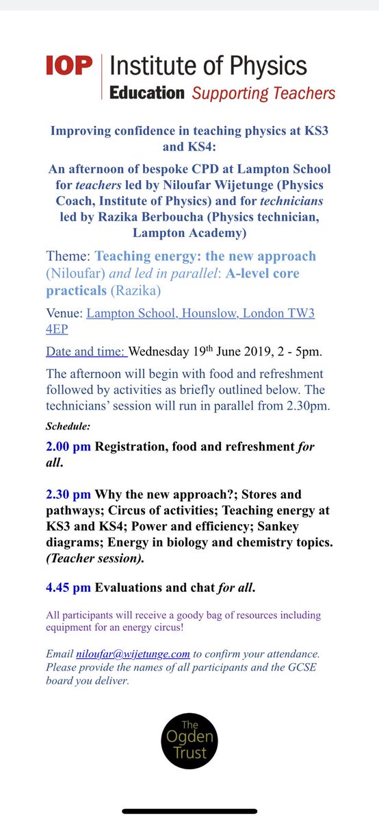 NiloufarW's tweet image. Teaching energy at KS3-4 CPD in West London. A technician’s session will run in parallel. Please follow instructions on the flyer to make inquiries and to reserve places.
#IOPTeaching