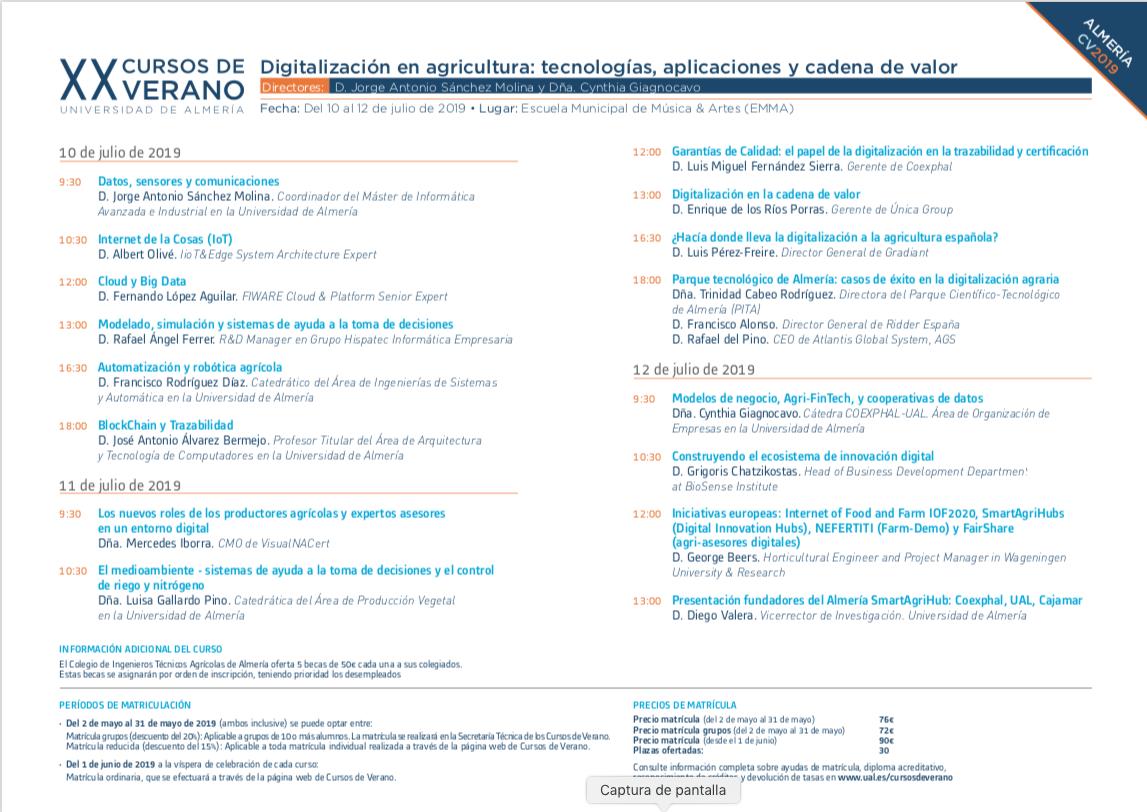 XX Cursos de Verano UAL. 

3.- Digitalización en agricultura: Tecnologías, Aplicaciones y Cadena de Valor