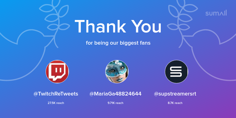 twitchn0xy's tweet photo. Our biggest fans this week: TwitchReTweets, MariaGa48824644, supstreamersrt. Thank you! via https://t.co/h6QCACx2qa https://t.co/LXt3m4DSH7