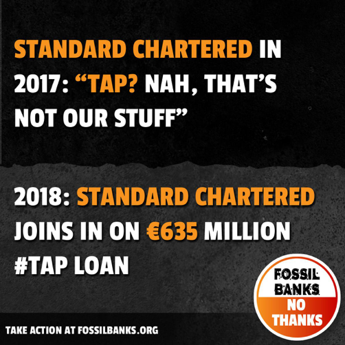 350Europe's tweet photo. Today, climate activists are at the @StanChart AGM in London to question the bank on its decision to finance the destructive Trans Adriatic Pipeline despite previous communications suggesting otherwise.

Follow @NoFossilBanks for updates throughout the day! 

#NoTAP #DefundTAP https://t.co/GKZjlgN17O