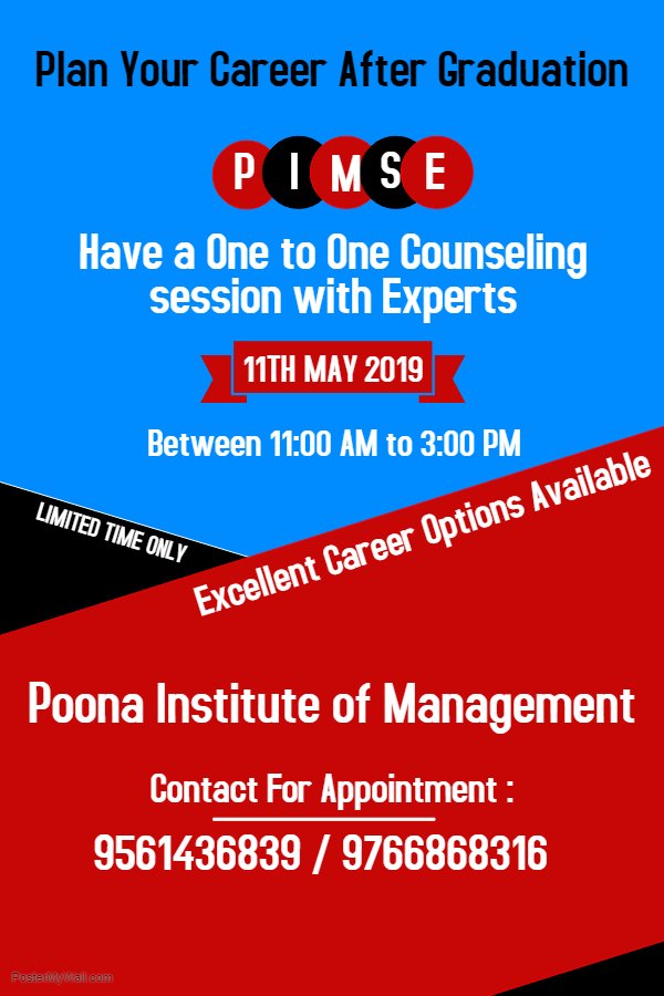 OfPoona's tweet photo. #Plan your #career after #Graduation

Have a #OneToOne #Counseling session with #experts at #PoonaInstituteOfManagement

#SaveTheDate #11thMay2019 between 11:00 AM to 3:00 PM https://t.co/ByR6eAZUIH