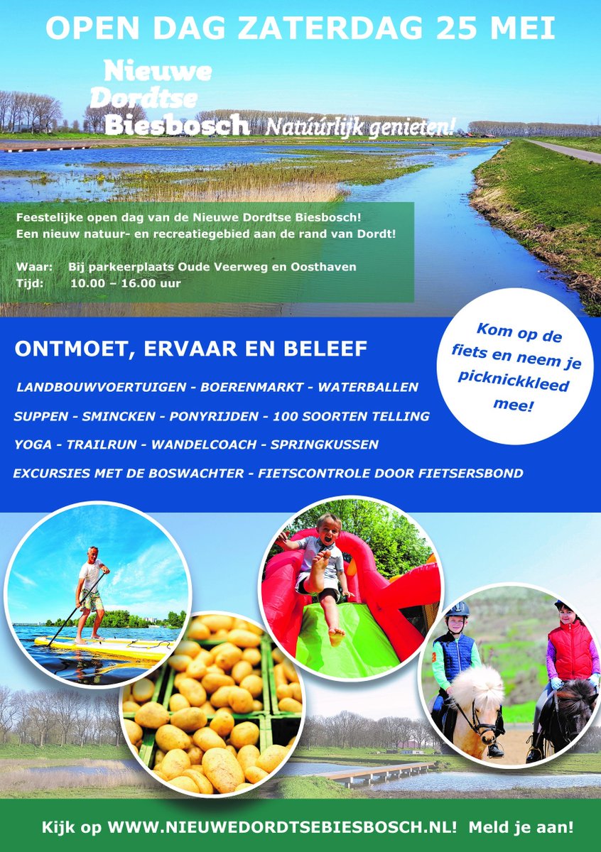 Kom naar de Open Dag van de Nieuwe Dordtse Biesbosch op zaterdag 25 mei.
Ga naar opendagnieuwedordtsebiesbosch.nl en ontdek wat er is te doen. Voor sommige activiteiten is aanmelden nodig. Dus wees er snel bij, want vol is vol! Kom met de fiets, want voor auto's is niet veel plek.