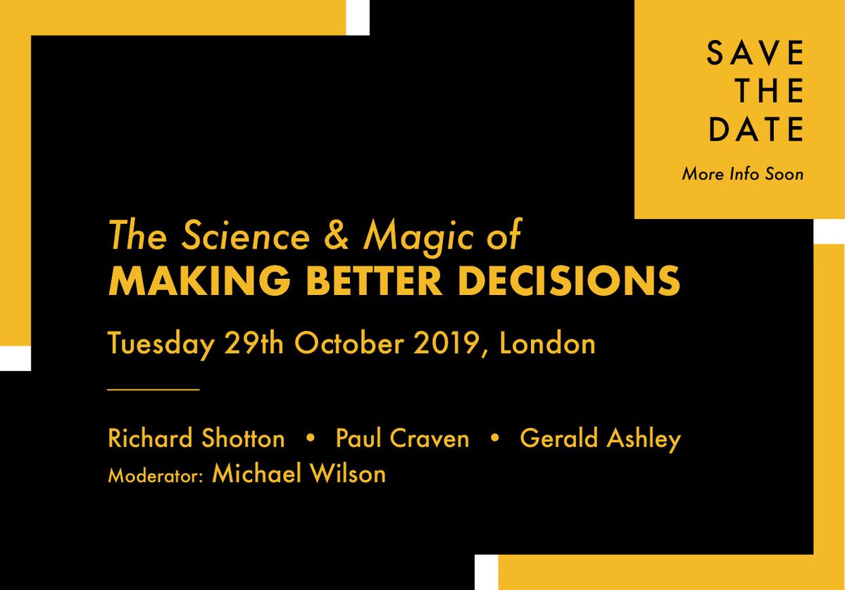 ALCourses's tweet photo. We are very pleased to announce our special event this autumn.
@rshotton @CravenPartners @Gerald_Ashley will all be speaking on making better decisions, risk taking and how we can all improve with simple practical techniques. Event info will follow soon #MagicDecisions https://t.co/TERSMtBNtL