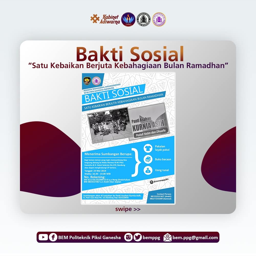 Assalamualaikum Wr Wb
Hallo guys !

Resimen Mahasiswa Jawa Barat Kompi BS Piksi Ganesha Menyelenggarakan Bakti Sosial dengan tema "Satu Kebaikan Berjuta Kebahagiaan Bulan Ramadhan". 

Cp nomor 
Andri  081222531627,
Samsul 082215332091

Wassalamualaikum Wr Wb