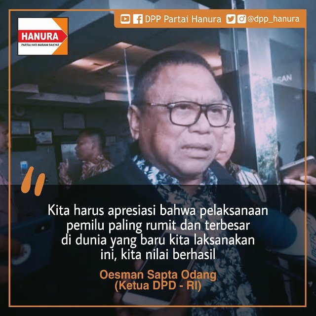 Ketua DPD Oesman Sapta Odang, nilai pelaksanaan pemilu serentak 2019 berhasil Sumber: m.akurat.co/id-615569-read… #oso #oesmansaptaodang #dpd #hanura #partaihanura #dpphanura