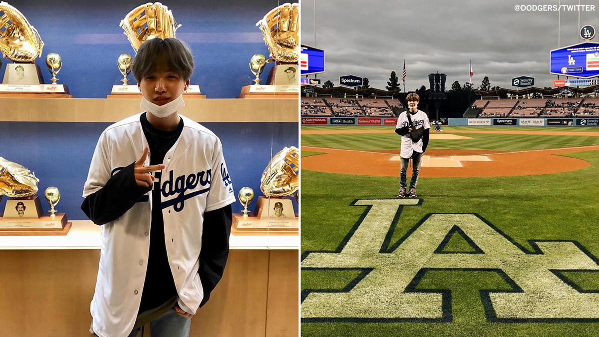 espn's tweet photo. Suga from @bts_bighit made it out to Dodger Stadium 🌟

(via @Dodgers) https://t.co/GkKRPSH4FI