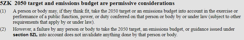 There are some big problems in the draft #ZeroCarbonAct. For example, section 5ZK needs to be removed - because it gives the rest of government a free hand to ignore the net zero emissions target.