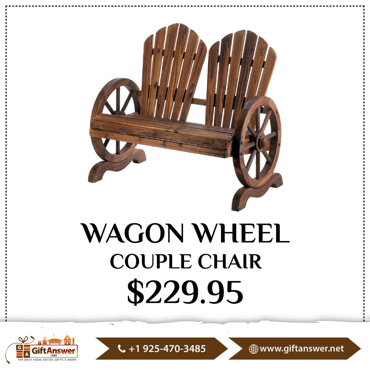 Spend some quality time outdoors with this incredibly charming rustic bench. It features wagon wheels book-ending a wooden seat with classic flared backs. It’s the best seat to enjoy starry nights and warm days!

#giftanswer #PatioChairs #WAGONWHEELCOUPLECHAIR #Furniture
