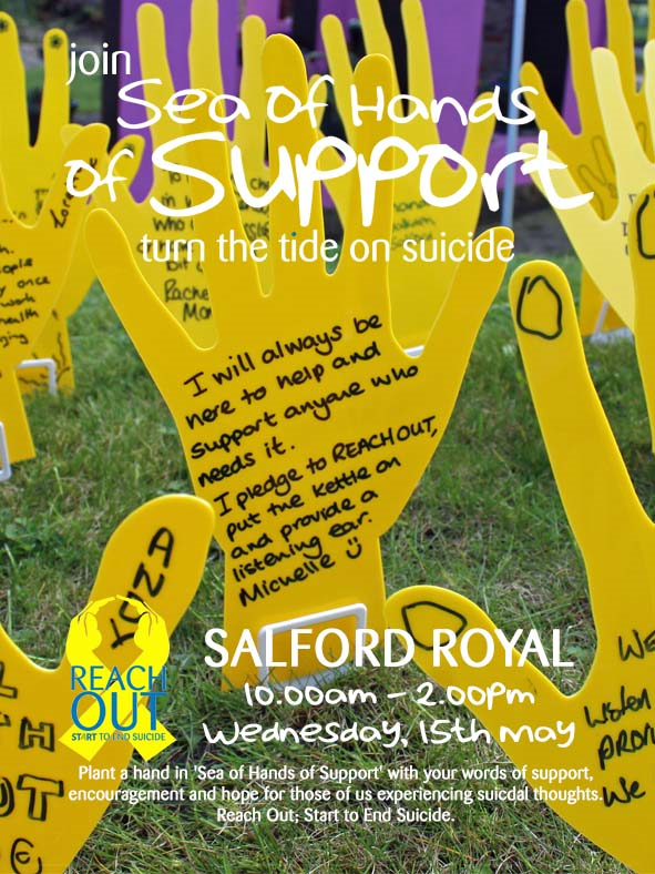 gm_amh's tweet photo. On #MHAW @reachoutstes #SeaOfHandsofSupport will gather on the 15th of May @SalfordRoyalNHS come along and join on the lawn between Hope and Mayo Building 10-2pm https://t.co/SuECPLkAtX