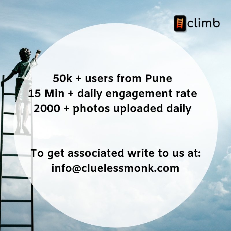 TheClimbAppIND's tweet photo. India's first social media app is climbing higher each day .High user engagement has opened up amazing partnering opportunities. If you run a restaurant, a clothing brand, a medical store or any kind of store in #pune get in touch with us. Best part of the deal - It's free! https://t.co/1nLPZqxnzh
