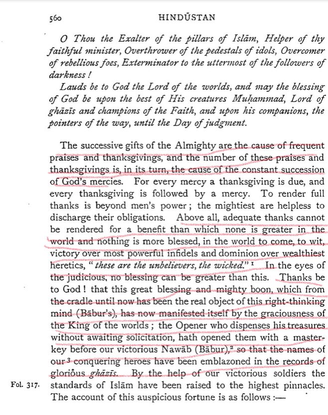 6/n He further writes:“...thanks can’t be rendered for a benefit than which none is greater in the world & nothing is more blessed,in the world to come,to wit,victory over most powerful infidels & dominion over wealthiest heretics, these are the unbelievers,the wicked.” (PP 560)