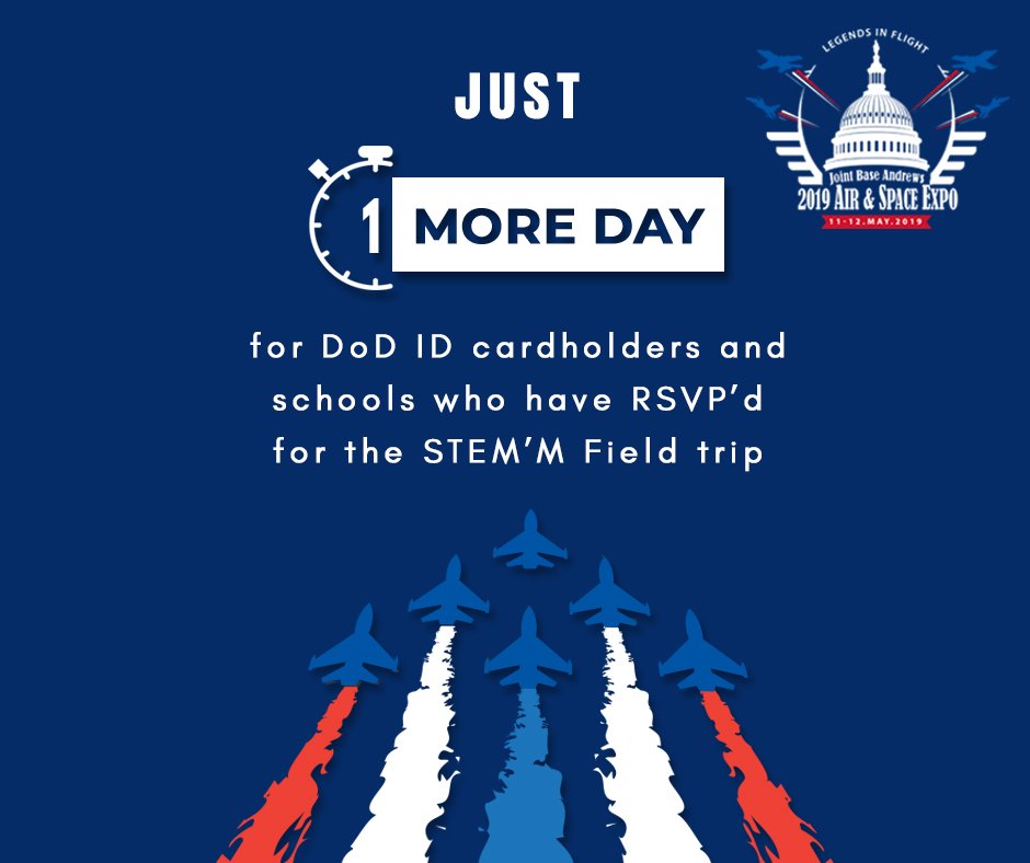 JBAlegends2019's tweet photo. One Day more for DoD ID cardholders and schools who have RSVP’d for the STEM Field trip. Updated schedule on https://t.co/m27fxYVfeJ #legendsinflight #jointbaseandrews #jba #jointbaseandrewsairshow2019 #JBAairshow #JBAairshow2019 #JBAlegends2019 https://t.co/9TdEAZ68p2