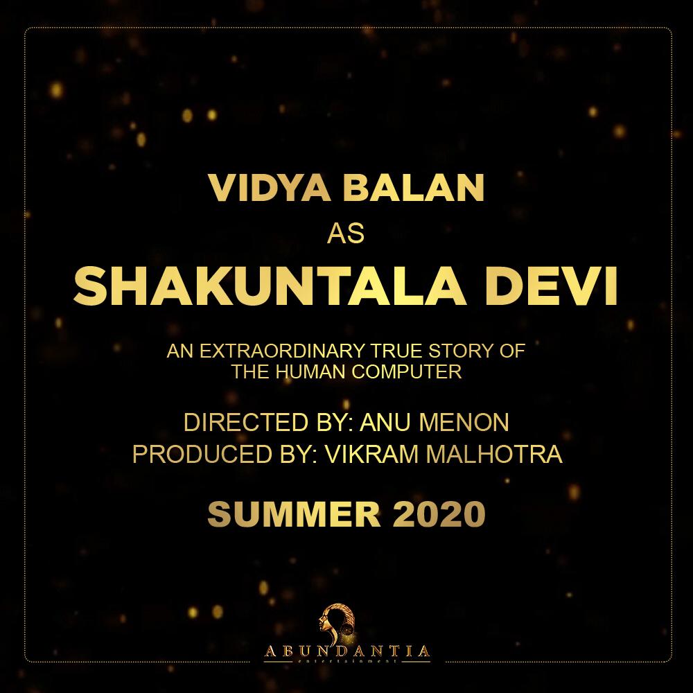 #VidyaBalan as #ShakuntalaDevi   based on the life of mathematical genius Shakuntala Devi.
Directed by #AnuMenon
Releases on Summer 2020.