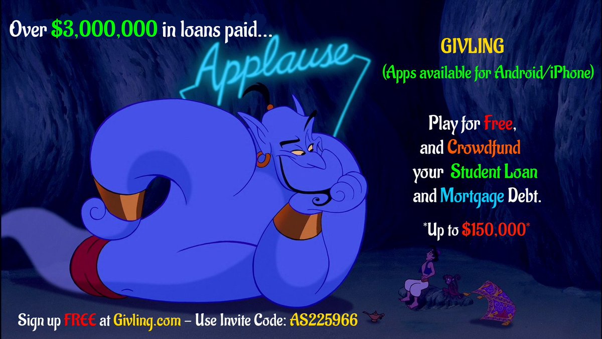 AyJaySimon's tweet photo. Make a #wish. https://t.co/409do6yCWh. Invite Code: AS225966 #givlingcode #studentloans #loans #mortgage #studentdebt #debt #crowdfunding #trivia #Aladdin #Disney #genie #magic #RobinWilliams #cinema #movies #film #wishfulthinking #disneyland #WaltDisneyWorld #mobilegame @Givling https://t.co/EIsZV8SUhi