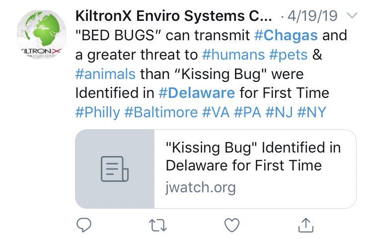 Well, the first Twitter mention of Chagas and this article is from this odd company called KiltronX Enviro Systems. They sell a nonsense product to control bed bugs. As far as I can tell, they are selling people soybean oil as “green engineered” “cutelin”. Awful.