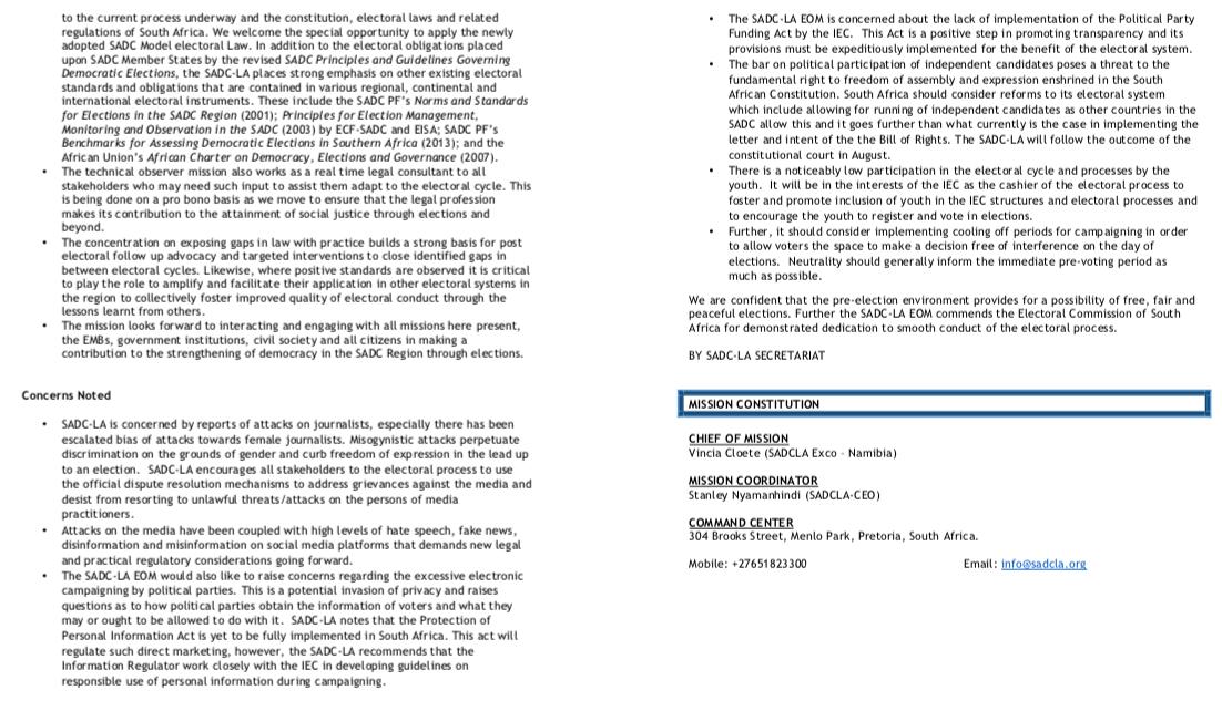 The SADC-LA Election Observer Mission Pre-Election Brief on the 2019 SA Elections. #SAElections2019 #@sadcpf <a href="/LawSwaziland/">Law Society of Swaziland</a> <a href="/LawSociety_SA/">Law Society of SA</a> <a href="/lawsocietyofzim/">Law Society of Zimbabwe</a> <a href="/SADC_News/">SADC Secretariat</a> <a href="/sadccngo/">SADC-CNGO</a> <a href="/SAHRDNetwork/">SouthernDefenders</a> <a href="/ohchr_sa/">@UN Human Rights Southern Africa</a> <a href="/SADCECF/">ECF-SADC</a>