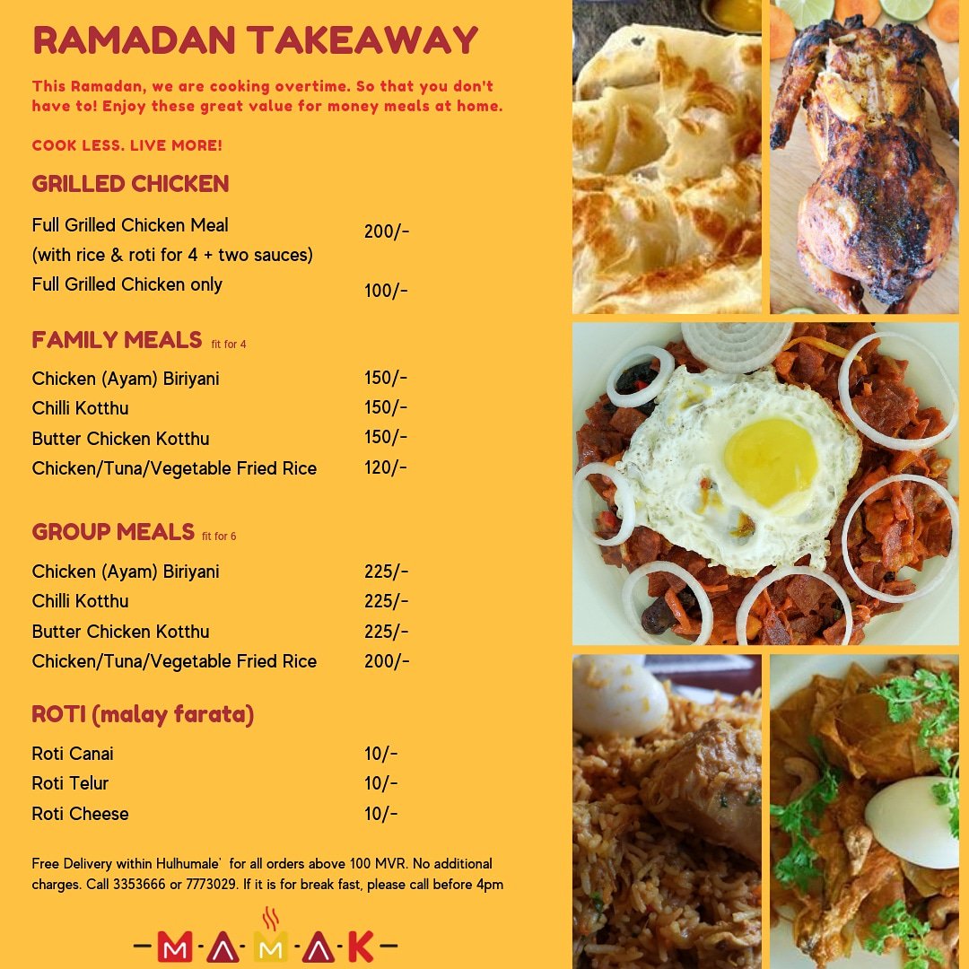 MvMamak's tweet photo. Spend a little less time in the kitchens this Ramadan. Instead,
enjoy these great value for money takeaway/delivery meals in Hulhumale.
#cookless
#livemore https://t.co/pD8pLTZGXG