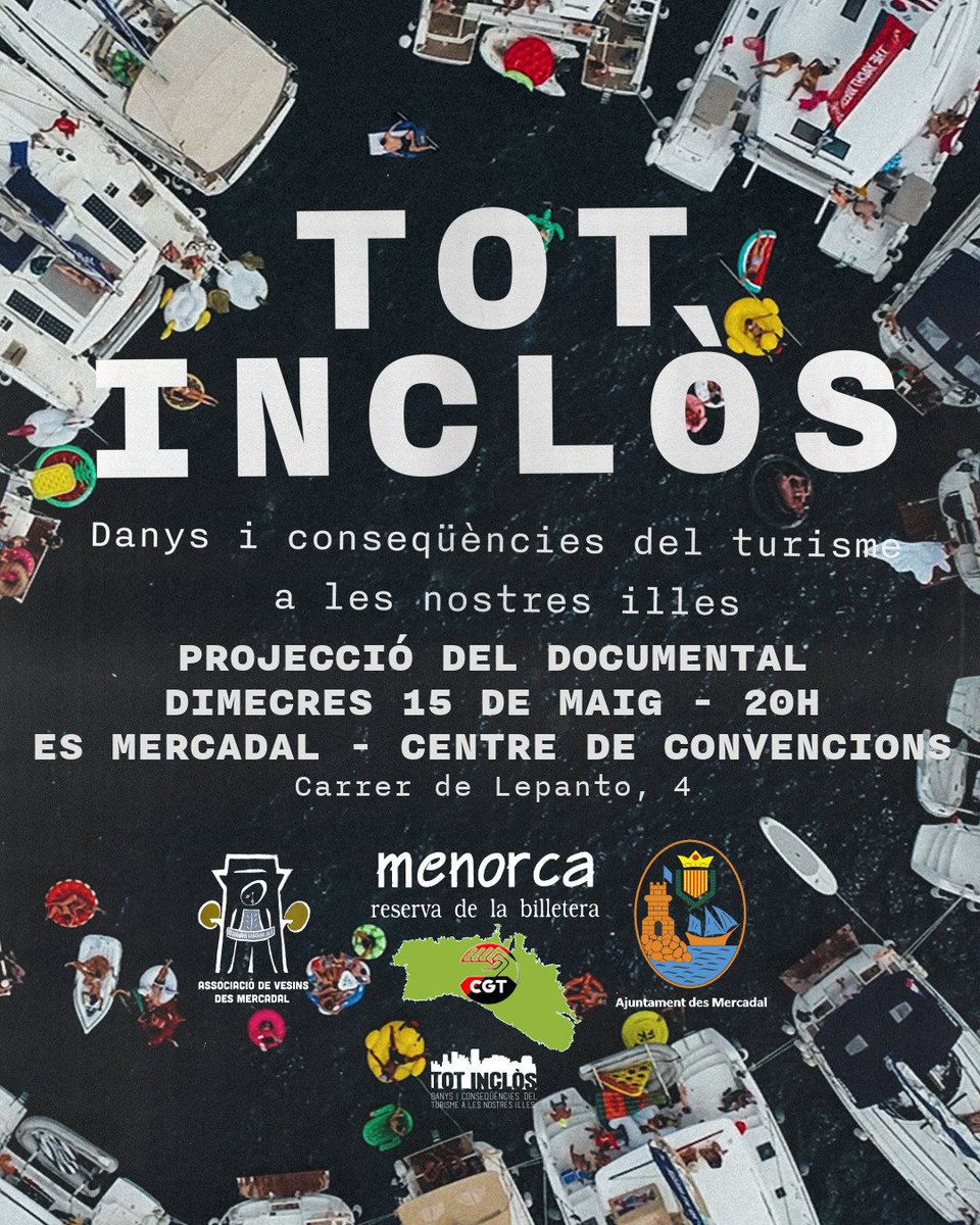 El documental "Danys i conseqüències del turisme a les nostres illes", de @Tot_Inclos, torna a #Menorca: dimecres 15 de maig (20 h) as Mercadal!

#Turistització
#Gentrificació
#DecreixementTurístic!