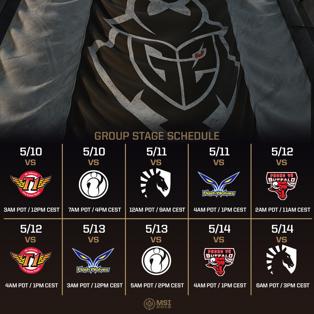 Tuwan_eSports's tweet photo. #MSI2019 schedule, per team version. 
@G2esports @T1LoL @invgaming @TeamLiquidLoL https://t.co/2thaTXegmn