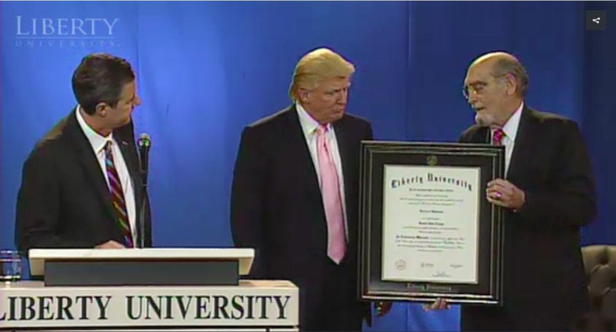 Sept. 2012: Donald Trump speaks at Liberty University, is introduced by Falwell as great leader.