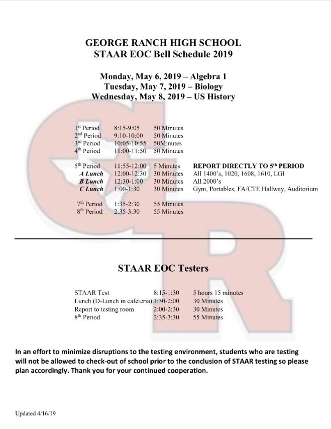 George Ranch HS News (@grhsnews) on Twitter photo May STAAR EOC Bell Schedule and US History EOC Classrooom Re-Routes for today! May STAAR EOC Bell Schedule and US History EOC Classrooom Re-Routes for today!