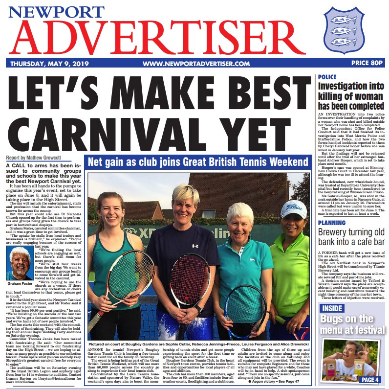 Front page of this week's Newport Advertiser:
Plan for 'best yet' carnival.
Club prepares for Great British Tennis Weekend. <a href="/the_LTA/">LTA</a> 
Cafe bar gets go-ahead.
Inside: Bugs were on the menu at festival. <a href="/Fieldtoforkfest/">Field to Fork Festival</a> 
Soldier remembered after 100 years.
