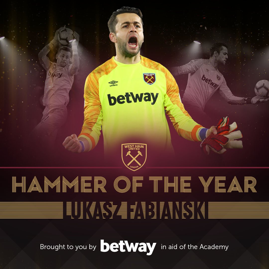 West Ham United (@westham) on Twitter photo Our 2018/19 Hammer of the Year is <a href="/LukaszFabianski/">Łukasz Fabiański</a>! ⚒
Lukasz, this season you have been incredible! 😍 Our 2018/19 Hammer of the Year is <a href="/LukaszFabianski/">Łukasz Fabiański</a>! ⚒
Lukasz, this season you have been incredible! 😍