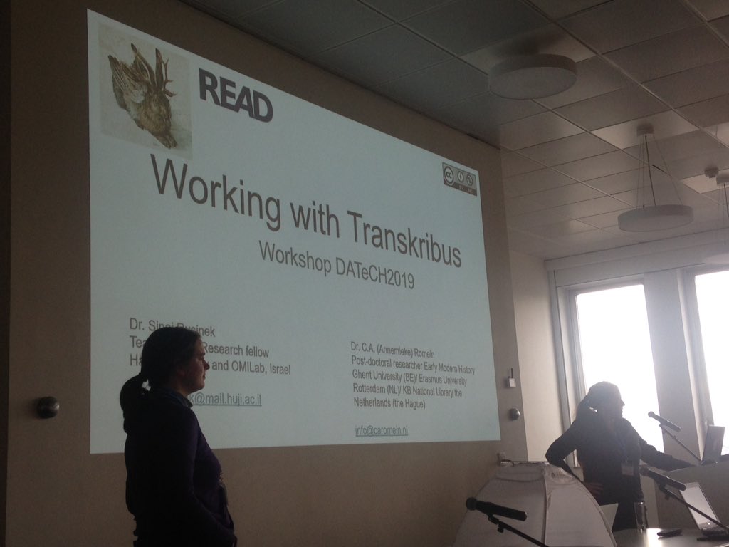 schambers3's tweet photo. Now @SinaiRusinek and @CARomein on "Working with Transkribus" @Transkribus #DATecH2019 #kbrlab https://t.co/nXzaNjGJzn