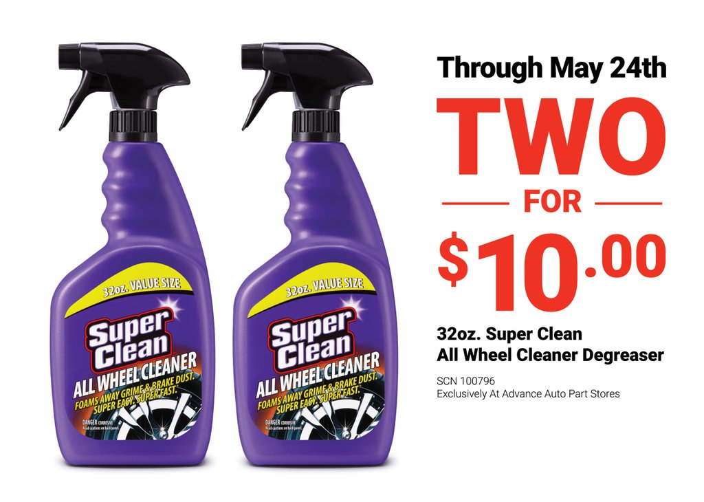 SuperCleanTeam's tweet photo. Get your rims shiny and bright with #SuperClean! Our All Wheel Cleaner is on sale for 2 for $10.00 at #AdvanceAuto now through May 24th.
#2for10 #savings #superdeal #allwheelcleaner #foamingcleaner #roadgrime #brakedust #lookingnew #wheels #shine https://t.co/aGpevx3dNC