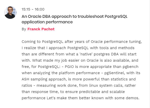 FranckPachot's tweet photo. Looks like I'll demo some @kevinclosson #pgio and @BertrandDrouvot #pgSentinel at #PostgresLondon 2019 🇬🇧 🐘 - the tools and methods for #PostgreSQL that come from the Oracle DBA experience... https://t.co/BKO38CmfUT https://t.co/RcFgRfMjgq